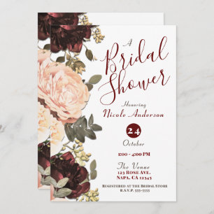 Pink Maroon Floral Greenery Leaves Bridal Shower Invitation