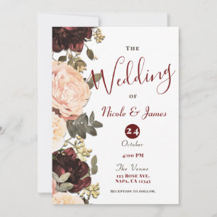 Pink & Maroon Floral Greenery Leaves Wedding Invitation