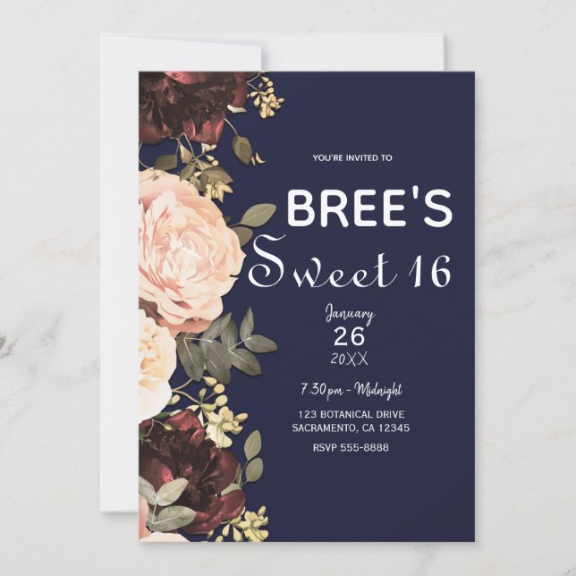 Pink & Maroon Floral Greenery Navy Blue Sweet 16 Invitation (Front)