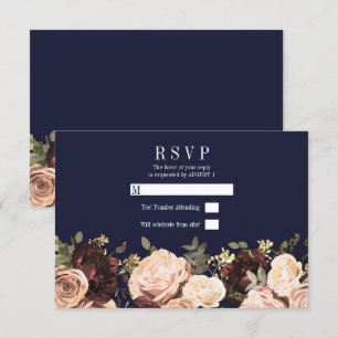 Pink Maroon Floral Greenery Navy Blue Wedding RSVP Invitation