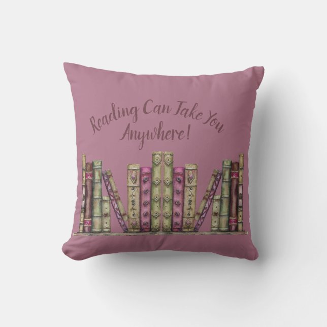 Pink Maroon Old Books Library Shelf Cushion (Front)