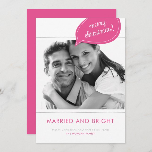 Pink Married and Bright Wedding Christmas Photo Holiday Card (Front/Back)