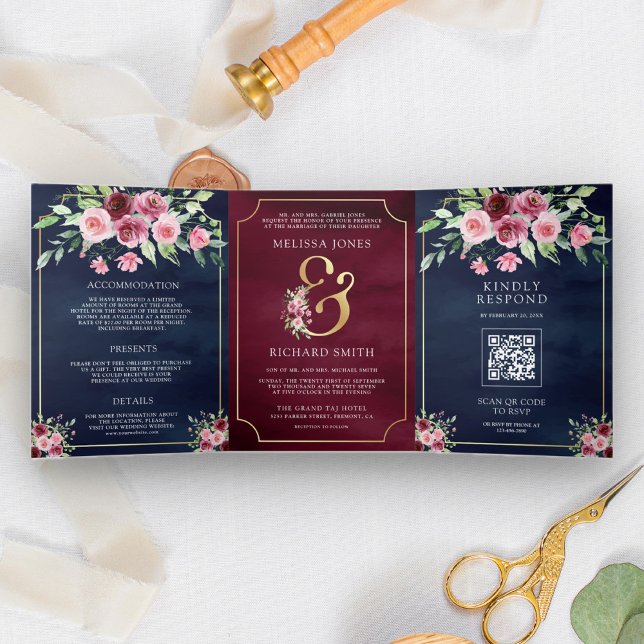 Pink Marsala Floral Ampersand Navy QR Code Wedding Tri-Fold Invitation (Creator Uploaded)