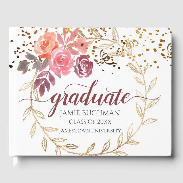 Pink Marsala Floral Gold Glitter Graduation Guest Book (Front)