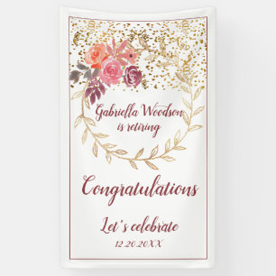 Pink Marsala Gold Glitter Floral Retirement Banner
