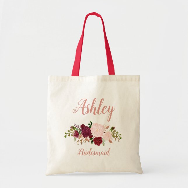 Pink Marsala Personalised Floral Bridesmaid Tote Bag (Front)