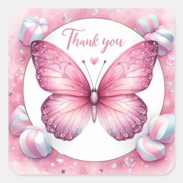 Pink Marshmallow Candy Butterfly - Thank you - Square Sticker (Front)