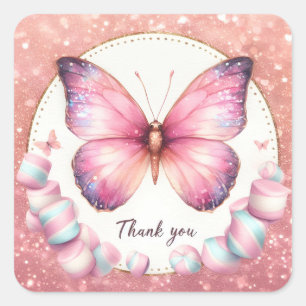 Pink Marshmallow Candy Butterfly - Thank you - Square Sticker