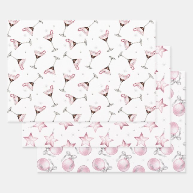 Pink Martini Cocktail Pattern Festive Holiday  Wrapping Paper Sheet (Set)