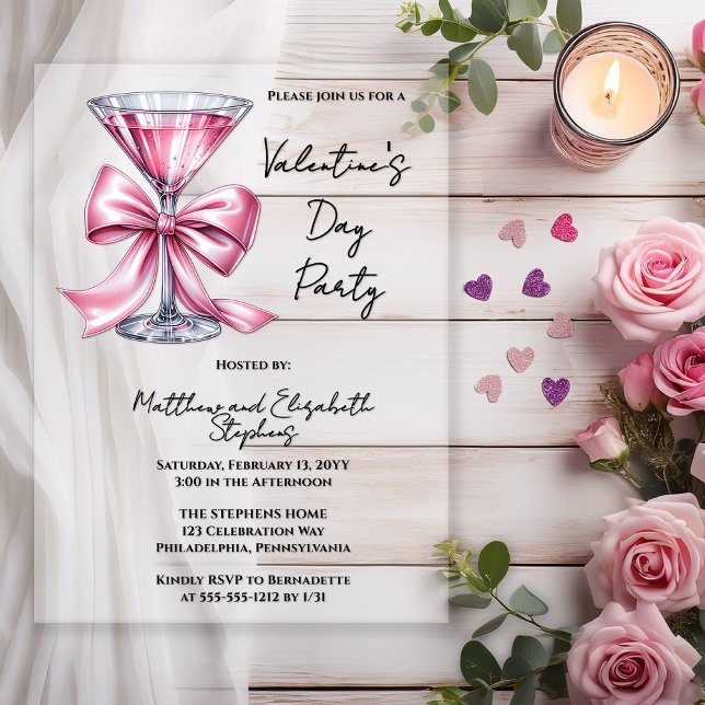 Pink Martini Coquette Bow Valantine's Day Party Acrylic Invitations (Valentine’s Day Party Acrylic  Invitation | Pink Martini Bow Couple’s Valentine Invite )