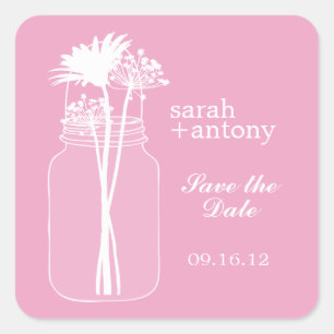 Pink Mason Jar and Flowers Wedding Square Sticker