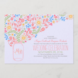 pink mason jar creative flowers wedding invitation