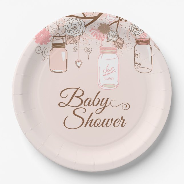 Pink mason jar floral baby girl shower paper plate (Front)