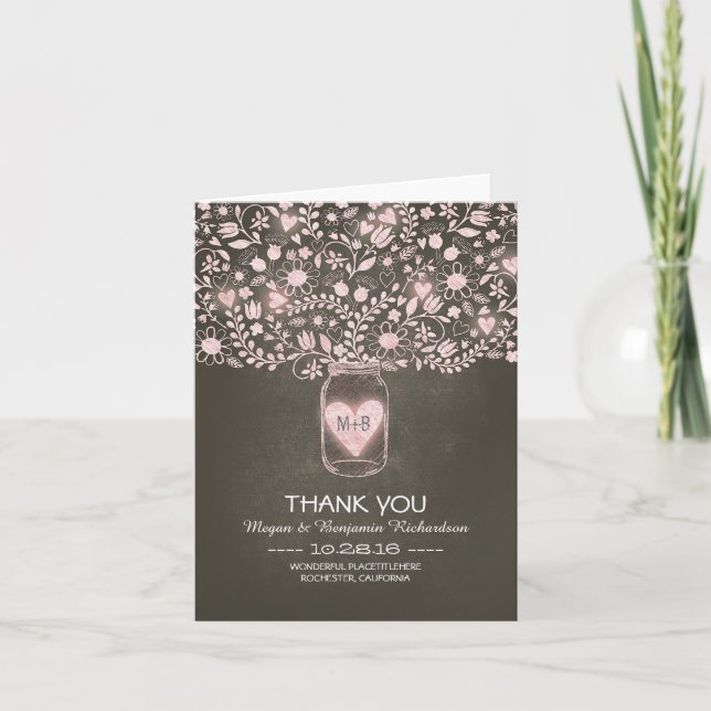 Pink mason jar floral wedding thank you card (Front)