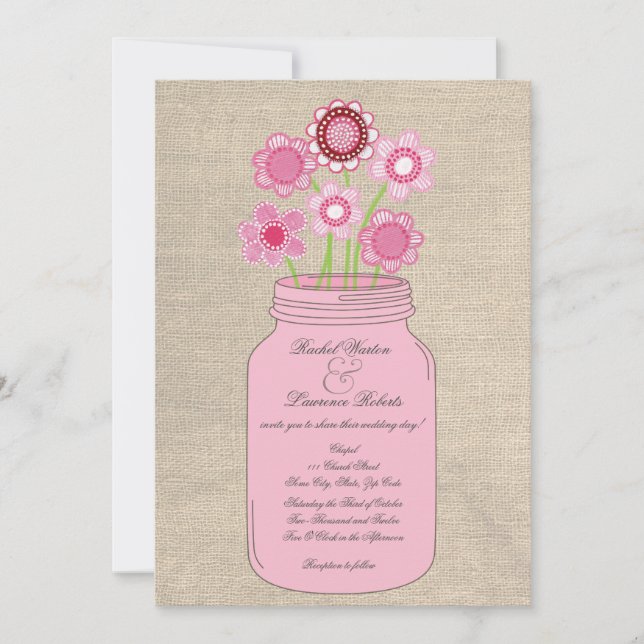 Pink Mason Jar Flowers & Burlap Wedding Invitation (Front)