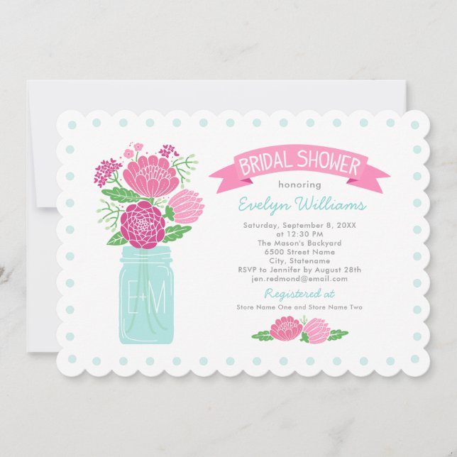 Pink Mason Jar Monogram Wedding Bridal Shower Invitation (Front)