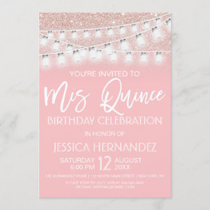 Pink Mason Jar String Lights Glitter Quinceañera Invitation