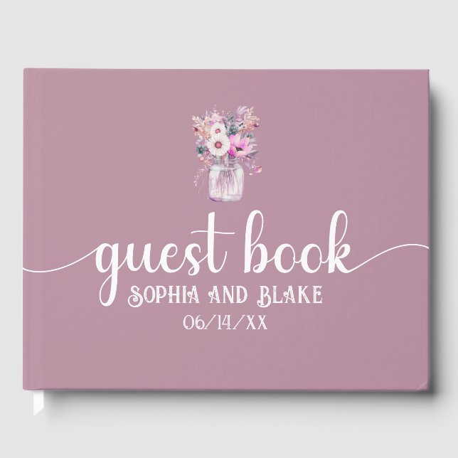 Pink Mason Jar with Flowers Wedding Guest Book (Front)