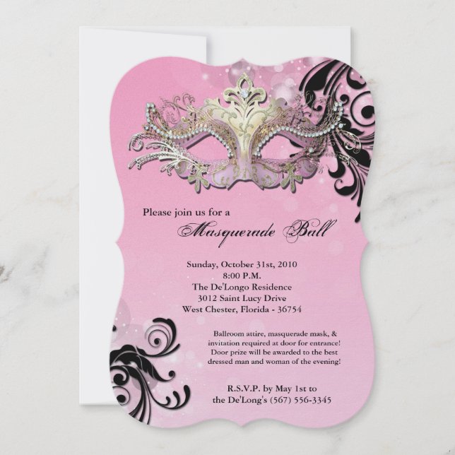 Pink Masquerade Ball Mask Costume Halloween Part Invitation (Front)