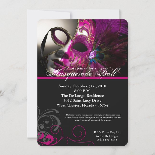 Pink Masquerade Ball Mask Costume Halloween Part Invitation (Front)