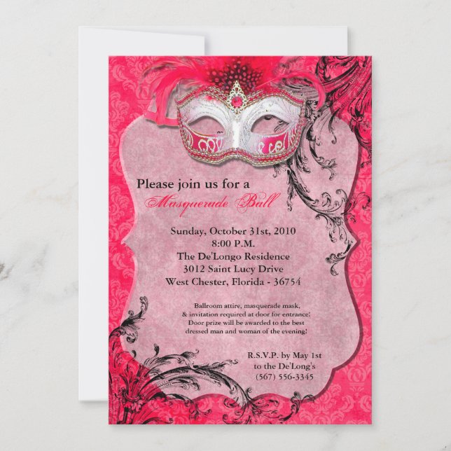 Pink Masquerade Ball Mask Costume Halloween Part Invitation (Front)