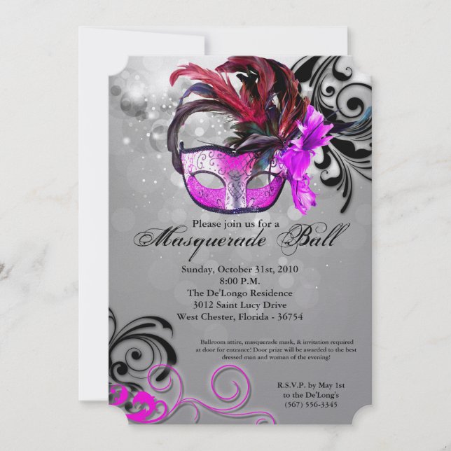 Pink Masquerade Ball Mask Costume Halloween Part Invitation (Front)