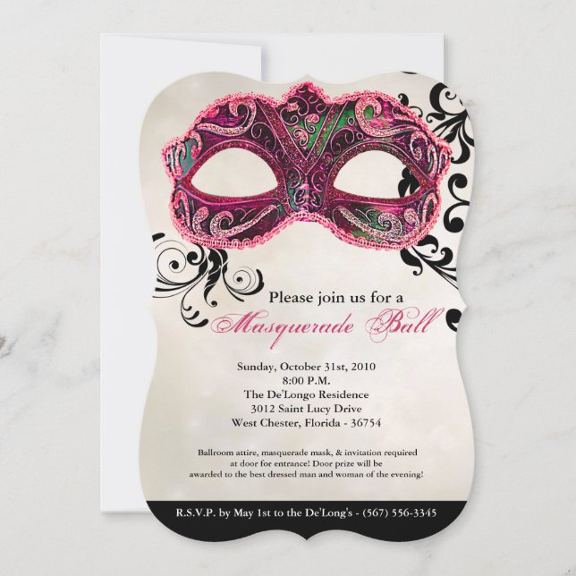 Pink Masquerade Ball Mask Costume Halloween Part Invitation (Front)