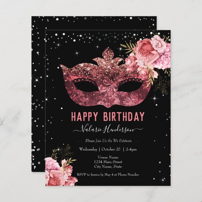 Pink Masquerade Birthday Party Invitation (Front/Back)