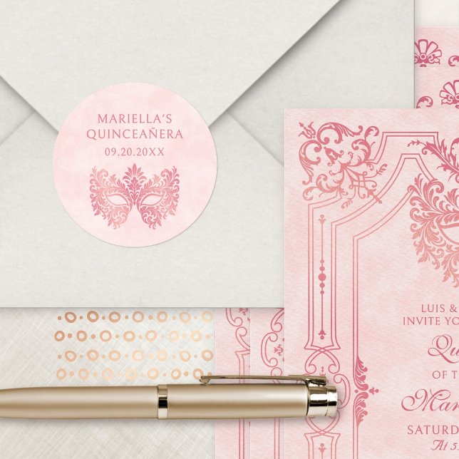 Pink Masquerade Mask Elegant Quinceanera Classic Round Sticker (Creator Uploaded)