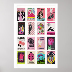 Pink Matchbox Label Collage, Vintage Ephemera Poster