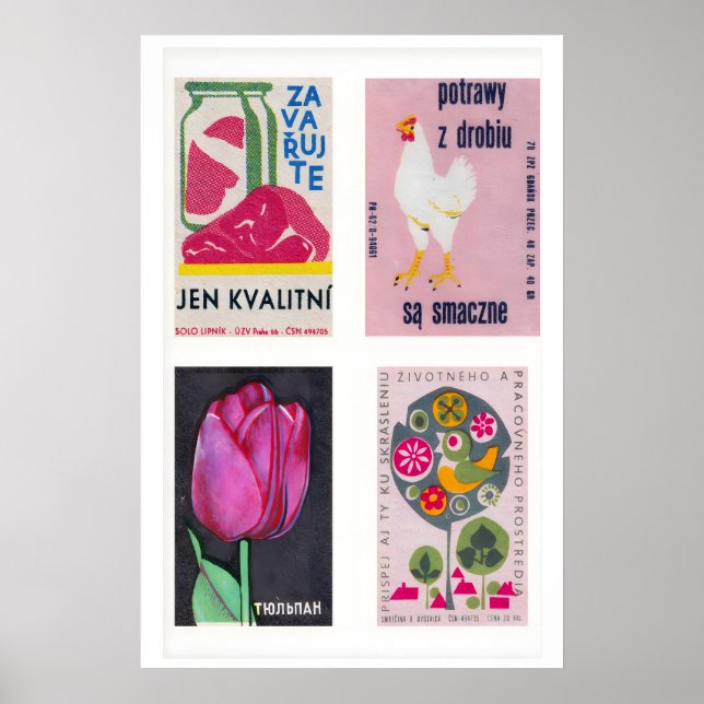 Pink Matchbox Labels Grid Print, Vintage Ephemera Poster (Front)