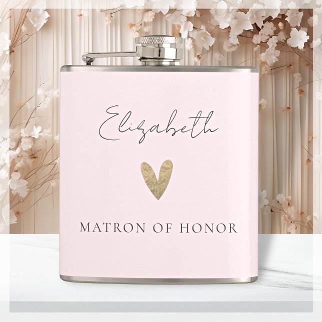 Pink Matron of Honour Gold Heart Modern Script  Hip Flask (Creator Uploaded)