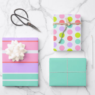 Pink Mauve and Blue Stripes and Polka Dots Wrapping Paper Sheet
