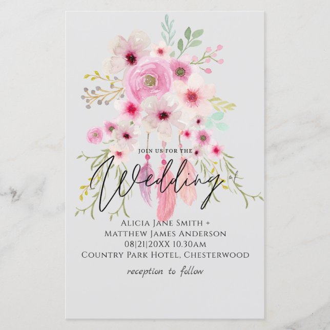 Pink Mauve BOHO Floral Feather Wedding Invitation (Front)