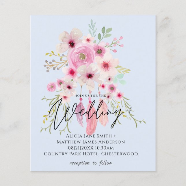 Pink Mauve BOHO Floral Feather Wedding Invitation (Front)