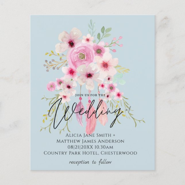 Pink Mauve BOHO Floral Feather Wedding Invitation (Front)