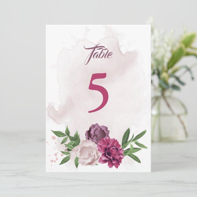 pink mauve botanical table number card (Standing Front)