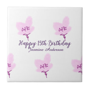 Pink mauve floral 15th birthday quinceanera name d ceramic tile