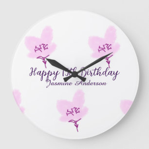 Pink mauve floral 15th birthday quinceanera name d large clock