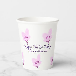 Pink mauve floral 15th birthday quinceanera name d paper cups