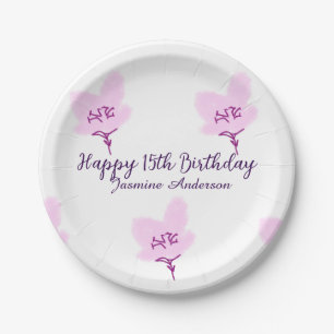 Pink mauve floral 15th birthday quinceanera name d paper plate