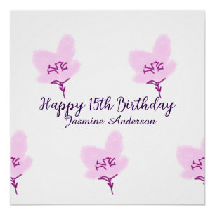 Pink mauve floral 15th birthday quinceanera name d poster