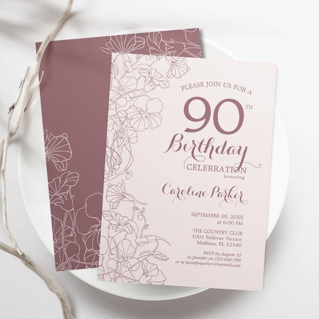Pink Mauve Floral 90th Birthday Party Invitation (Creator Uploaded)