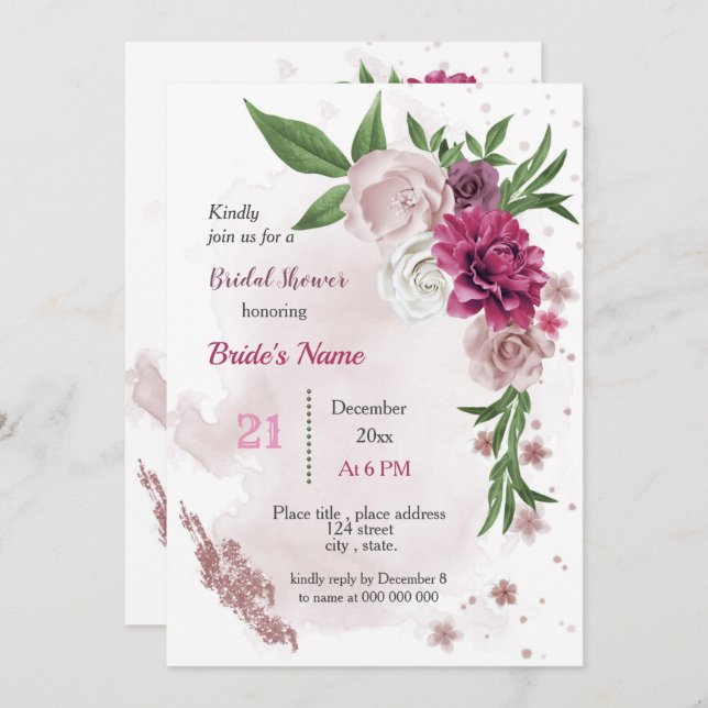 pink mauve flowers & green leaves bridal shower invitation (Front/Back)