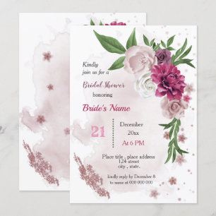 pink mauve flowers & green leaves bridal shower invitation