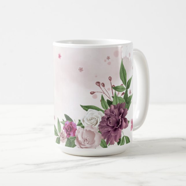 pink mauve flowers greenery coffee mug (Front Right)