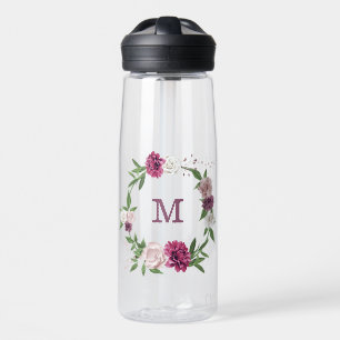 pink mauve flowers greenery water bottle