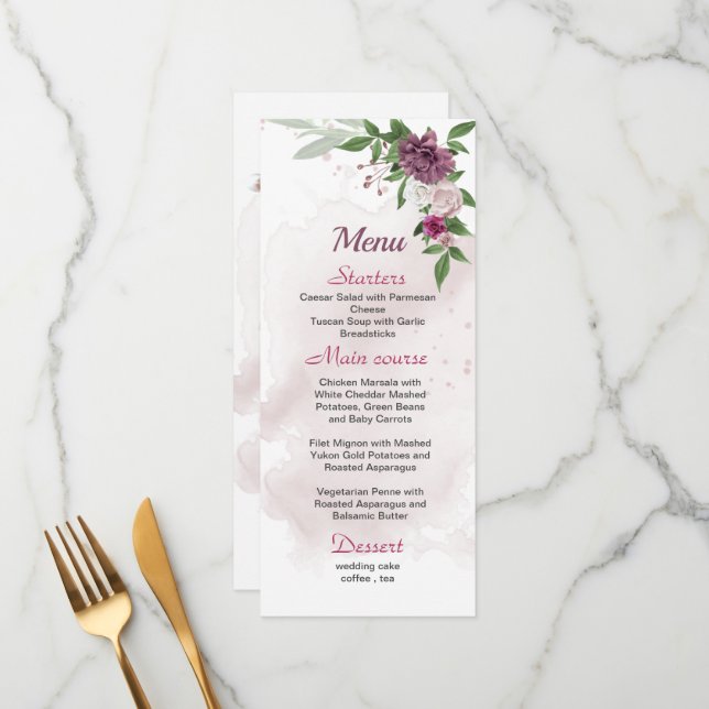 pink mauve flowers greenery wedding menu (Front/Back In Situ)