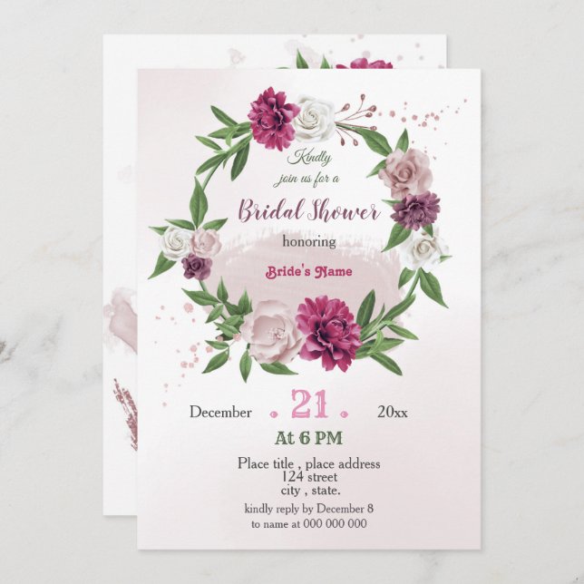 pink mauve greenery botanical wreath bridal shower invitation (Front/Back)
