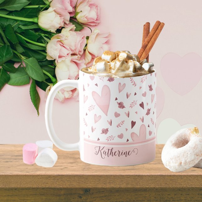 Pink | Mauve Watercolor Hearts Pattern Name Coffee Mug (Creator Uploaded)